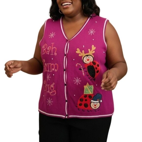 Bah Hum Bug Size 2X Knit Sweater Vest Ugly Christmas Embroidered Snowflakes - Picture 1 of 12